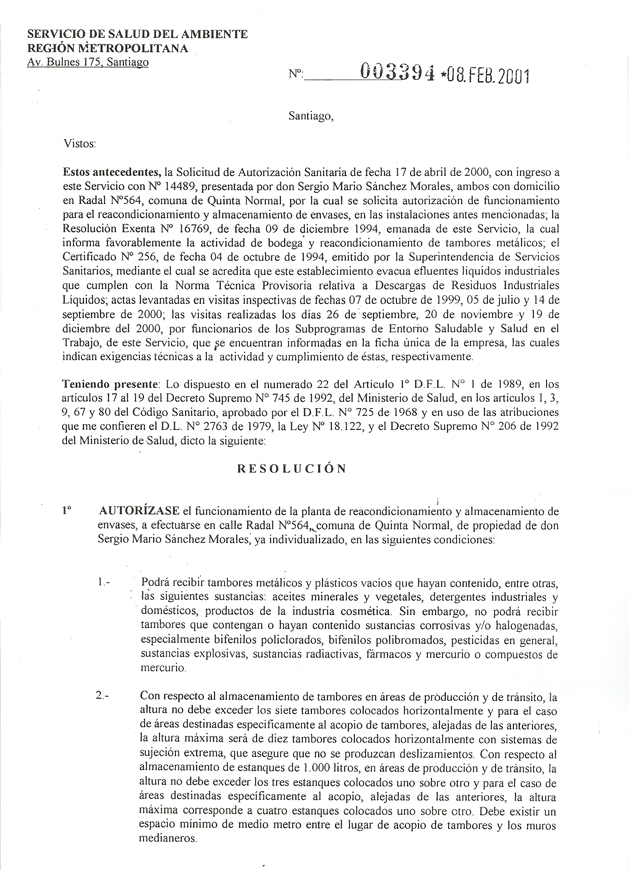 Resolución Servicio del Ambiente 8 de Febrero 2001